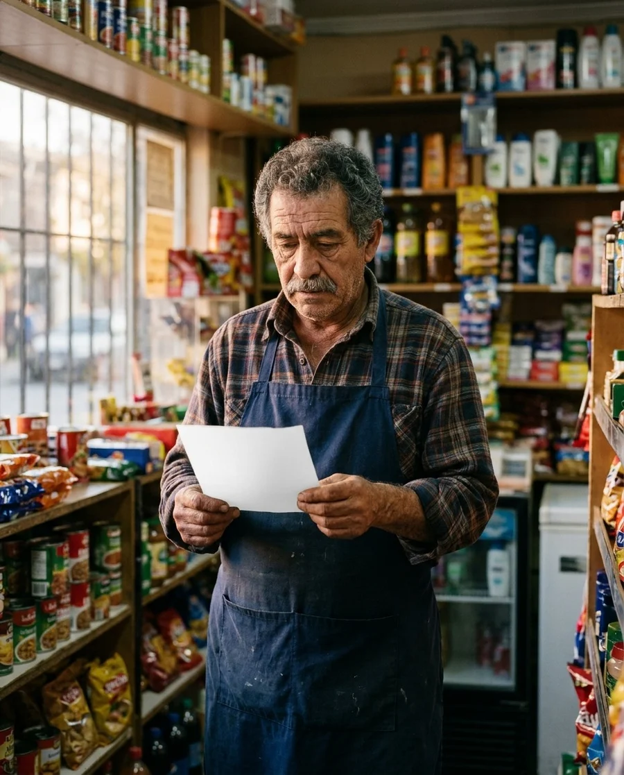 Dueño de un minimarket revisando su cuenta de luz