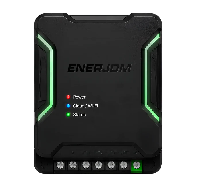 Vista frontal del módulo EnerJom: LEDs Power, Cloud y Status