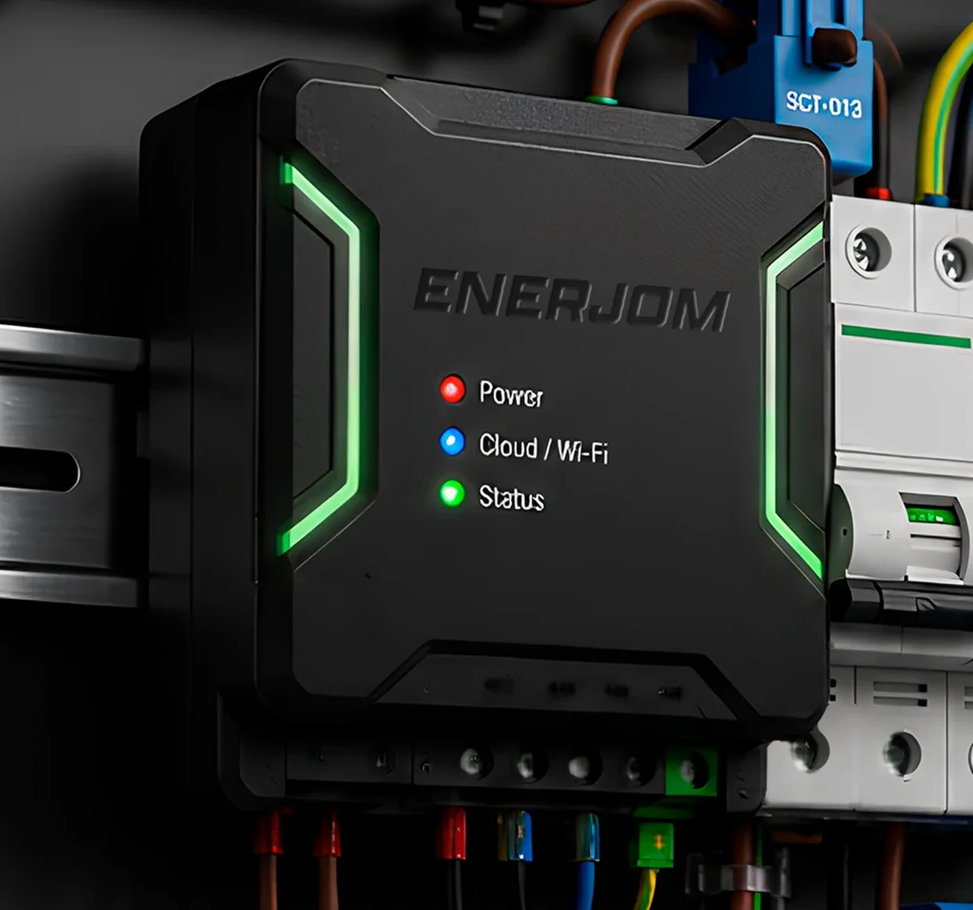 Módulo EnerJom instalado en un tablero eléctrico sobre riel DIN